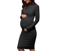 abkylie Langärmeliges Umstandskleid mit Rollkragen, seitlich gerüscht/knielang, Schwangerschaftskleid, Herbst, Fotoshooting, Alltag, Schwarz, Groß