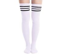 Abodhu Oberschenkelhohe Damensocken, Overknee-Socken für Damen, gestreift, gestrickt, lange Strümpfe, Cosplay, lässige Socken, Weiß, schwarze Streifen, Einheitsgröße
