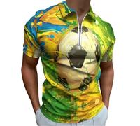 Abstrakte Brasilianische Flagge Poloshirt Für Herren Leichtes Sport Henley Shirt 3D-Fußball Sommer Polohemd Arbeit Business Kurzarm Tops Casual Golf Tshirt Revers Reißverschluss Sportshirt