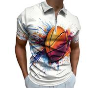 Abstrakter Tintenklecks Poloshirt Für Herren Leichtes Sport Henley Shirt Basketball-Thema Sommer Polohemd Arbeit Business Kurzarm Tops Casual Golf Tshirt Revers Reißverschluss Sportshirt