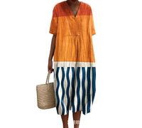 Abstraktes gestreiftes bedrucktes Damen-Boho-Midikleid mit Blumenmuster Sommerurlaub Casual fließend plissee kurzärmeliges langes T-Shirt-Kleid