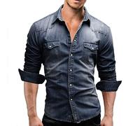 ABUCIYO Herbst Men Denim Shirt Herren Langarm Weiche Baumwolle Slim Jeans Hemden Cowboy-Hemd (Dark Blue,X-Large)