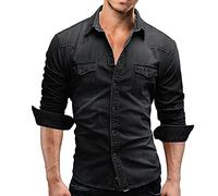 ABUCIYO Herbst Men Denim Shirt Herren Langarm Weiche Baumwolle Slim Jeans Hemden Cowboy-Hemd (Dark Grey,Large)