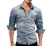 ABUCIYO Herbst Men Denim Shirt Herren Langarm Weiche Baumwolle Slim Jeans Hemden Cowboy-Hemd (Light Blue,X-Large)