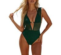 ABYOVRT Damen Bikini Set Sexy Mesh V-Ausschnitt Zweiteiler Badeanzug Halterneck High Waisted Bauchweg Bademode mit Rückenbindung Elegante Strandmode Swimsuit,Grün,M