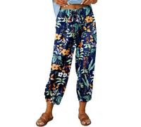 ABYOVRT Sommerhose Damen Leicht 7/8 Leinenhose Loose Freizeithose Frauen Weite Haremshose Taille Straight Bein Hose Stoffhose mit Taschen und Tunnelzug,Druck-Orange,M