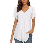 ACDAY Damen-Blusen mit V-Ausschnitt, Blütenblatt, kurzärmelig, Chiffon, doppellagig, Netz-Tunika, Tops, lässige Hemden, weiß, 3XL