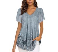 ACDAY Damen-Blusen mit V-Ausschnitt, Blütenblatt, kurzärmelig, Chiffon, doppellagig, Netz-Tunika, Tops, lässige Hemden, grau, M