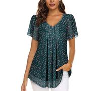 ACDAY Damen-Blusen mit V-Ausschnitt, Blütenblatt, kurzärmelig, Chiffon, doppellagig, Netz-Tunika, Tops, lässige Hemden, Dunkelgrünes Blumenmuster, XL