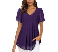 ACDAY Damen-Blusen mit V-Ausschnitt, Blütenblatt, kurzärmelig, Chiffon, doppellagig, Netz-Tunika, Tops, lässige Hemden, deep purple, XXL
