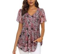 ACDAY Damen-Blusen mit V-Ausschnitt, Blütenblatt, kurzärmelig, Chiffon, doppellagig, Netz-Tunika, Tops, lässige Hemden, khaki, XL