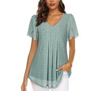 ACDAY Damen-Blusen mit V-Ausschnitt, Blütenblatt, kurzärmelig, Chiffon-Oberteil, doppellagig, Netz-Tunika-Top, lässige Hemden, Blumen-Grün, XXL