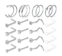 AceFun Chirurgischer Edelstahl Nasenpiercing Ring Stecker Nasenringe, 24 STÜCKE 20G 316L körperschmuck Piercing Nasenringbolzen Silber