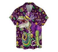 ACEPrints Hawaii-Hemden für Herren, lässige Button-Down-Shirts, Herren-Hawaii-Hemden, kurzärmelig, Button-Down-Hemd für Herren, Dinosaurier Madi Gras, L