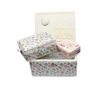 Ackermann Nähkorb-Set mit Tragegriff (1x groß und 1x mittel) + 1x kleine Accessoires-Box aus Metall (mit Zubehör), Marke Nähkorb, Korb (Blumenmuster (rot))