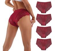 Acramy Unterwäsch Damen Große Größen Atmungsaktive Unterhosen 4er Pack Bikini Slips Hipster Panties mit Spitze (3XL, Rot)