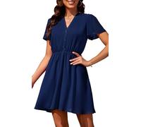 Actcat Damen Kleid V-Ausschnitt Chiffon Transparent Kurzarm Blumenmuster Freizeitkleid Etuikleid Sommerkleid Festlich Minikleid Strickkleid, Navy Blau, M
