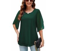 Actcat Damen Rüschen 3/4 Ärmel Mesh Blusen Lose Flowy Tops Stretch Shirts Crinkle blusen Damen Sommer Damenbluse