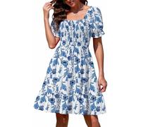 Actcat Frauen Blusenkleid mit Puffärmeln, Schulterfreies Minikleid, Viereckiger Ausschnitt, figurbetontes Kurzarmkleid, süßer Resort-Stil Strandkleid langes Kleid Piraten Kleid,Blaue Blüten,XL