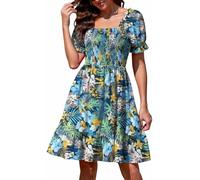 Actcat Frauen Blusenkleid mit Puffärmeln, Schulterfreies Minikleid, Viereckiger Ausschnitt, figurbetontes Kurzarmkleid, süßer Resort-Stil Strandkleid langes Kleid Piraten Kleid,Blauer Druck,XL