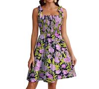 Actcat Sommer Boho Kleid mit Blumendruck, Spaghettiträgern, quadratischem Ausschnitt, hoher Taille, Knielang, ärmellos, 2024