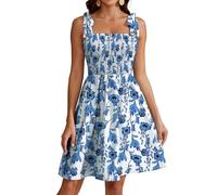 Actcat Sommer Boho Kleid mit Blumendruck, Spaghettiträgern, quadratischem Ausschnitt, hoher Taille, Knielang, ärmellos, 2024