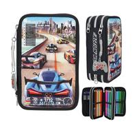 Depesche 13712 Action World Gaming - Gefüllte 3-Fach Federtasche in Dunkelblau, mit Motiv eines Auto-Rennspiels und Skyline, Federmappe mit Buntstiften, Schere, Lineal UVM.