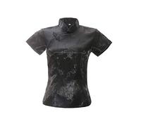 ACVIP Damen Pflaumenblüte Qipao Oberteile Stehkragen Kurzarm Chinesische Bluse Top(China M/EU 36,Schwarz)