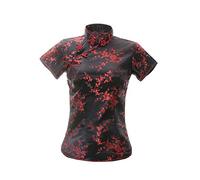 ACVIP Damen Pflaumenblüte Qipao Oberteile Stehkragen Kurzarm Chinesische Bluse Top(China M/EU 36,Schwarz&Rot)