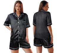 ACWOO Satin Damen Schlafanzug mit Knopfleiste,Kurz Nachtwäsche Schlafanzüge Set, Womens Silk Pajamas Set, Zweiteiliger Nachtwäsche Hausanzug(Schwarz,M)