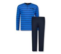 ADAMO Langarm- Pyjama Herren gestreift in Royalblau Serie Alex Rundhalsausschnitt und Knopfleiste bis Übergröße 10XL, Größe:6XL