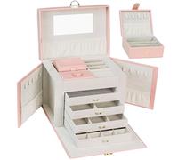 ADEL DREAM Schmuckkasten Schmuckkoffer groß abschließbar 5 Ebenen mit 5 Schubladen mit Spiegel für Ringe Ohrringe Halsketten und Armbänder elegant und klassisch Rosa3