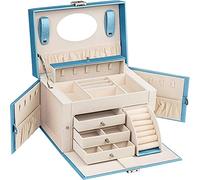 AdelDream Schmuckkästchen Schmuckkästchen mit Spiegel Griff abschließbar für Reisen 4 Ebenen mit 3 Schubladen Schmuckaufbewahrung Geschenkidee für Damen Champagnerblau