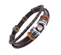 ADGJL Damen Lederarmbänder,Mode Leder Armband Handgefertigt Geflochtene Braune Manschette Armreif Rosa Kristall Schmuck Versteckte Druckknopf Für Paar Geburtstagsgeschenk