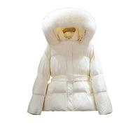 Adhdyuud Damen Entendaunenmantel, Winterfell-Kapuze, Kurze Feder-Pufferjacke, Wasserdichter Mantel Mit Gürtel fox fur1 S