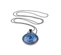 Adi-Modeschmuck lange Halskette 'Senta', farbige graphische Motive unter Glas Cabochons in einem schwarzen Anhänger, schwarze Edelstahl Kugelkette, handgefertigt in Berlin (Blau)
