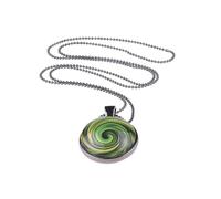 Adi-Modeschmuck lange Halskette 'Senta', farbige graphische Motive unter Glas Cabochons in einem schwarzen Anhänger, schwarze Edelstahl Kugelkette, handgefertigt in Berlin (Oliv)