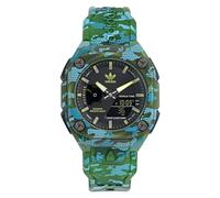 adidas City TECH ONE GRFX Unisex Digital Armbanduhr, Quarz Analog, Kunststoff, 45 mm, Kunststoffarmband, Grün, 5 bar, Zifferblattfarbe: Schwarz, Datumsanzeige, Chronograph, Weltzeit, Alarm, AOST24075