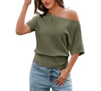 ADORPOP Pullover Damen Kurzarm Schulterfreies Oberteil Leicht Grün S