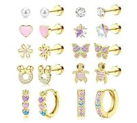 Adramata 10 Paar Chirurgenstahl Ohrringe Mädchen 14K Vergoldete/Silber Hypoallergene Ohrringe Kinder Creolen Flatback Ohrstecker Kleine Ohrring Set Herz Blume Zirkonia Schmetterling Ohrring