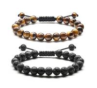 Adramata Armband Herren 8MM Perlenarmband Lavastein Tigerauge Armband Verstellbares Geflochten Armband Set Schwarz Naturstein Perlen Armbänder für Herren Schmuck Herren Geschenk für Männer