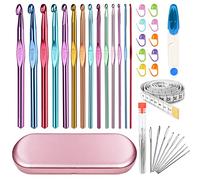 Aeelike 14 Stück Aluminium Häkelnadel Set, Ergonomische Bunt Häkelnadeln Set mit Häkel Werkzeuge Zubehör und Rosa Metall Aufbewahrungsbox, Praktische Crochet Hook für Anfänger, Kinder und Profis