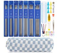 Aeelike Stricknadeln Set mit Strickzubehör und Tasche, 2mm - 5mm Edelstahl Doppelspitz Stricknadeln 20 cm, 35 Stück Stricknadeln für Socken, Metall Nadelspiel Set für Anfänger, Gerade Stricknadel Set