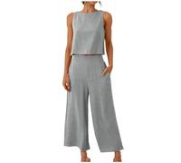 AEGJEGVD 2 Teiler Hosenanzug Damen Elegant Zweiteiler Outfit Einfarbig 2024 Sommer Ärmelloses Tank Top und Hose Trainingsanzug Baumwolle Leinen Freizeitanzug mit Taschen Sportanzug Leicht Loungewear
