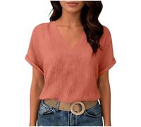 AEGJEGVD Bluse Musselin Damen Leinen Tunika Kurzarm V-Ausschnitt Oberteile Elegant Baumwolle Hemden Casual Büro Arbeit Blusen Leicht Luftig Hemdbluse Einfarbig Shirt Modisch Vintage Blusehemd