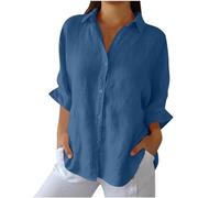 AEGJEGVD Damen Leinenhemd Elegant Einfarbig Bluse V-Ausschnitt Button Down Hemd Baumwolle Leinen Hemdbluse Sommer Tshirt Tops Leinenbluse mit Knöpfen 3/4 Ärmeln Oberteile Große Größen Langarmshirt