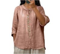 AEGJEGVD Damen T-Shirt Leinen Folklore Stickerei Hemd 3/4 Ärmel Rundhals Shirts Vintage Besticktes Button Down Oberteil Baumwolle Lässig Leinenbluse Sommer Einfarbig Oversized Blusen & Tuniken