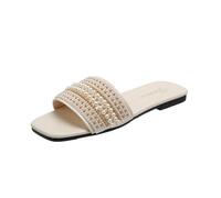 AEGJEGVD Flache Sandalen Für Damen, Perlen, Quadratische Zehenpartie Slipper Bequeme Slides Sommer Lässig Strandschuhe Strand Flach Frauen Sommerschuhe Rutschfeste Bequeme Pantoffeln Hausschuhe