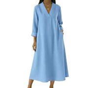 AEGJEGVD Kleid Damen Sommer Musselin V-Ausschnitt Hemdkleid 3/4 Ärmel Kleider Musselinkleid Luftige Leinenkleider Locker Maxikleid Strandkleider Partykleid Freizeitkleider Mit Taschen