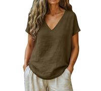 AEGJEGVD Leinenbluse Damen Sommer Elegant Kurzarm V-Ausschnitt Musselin Oberteil Leinen Pullover Hemd Locker Tunika Einfarbig Casual Blusenshirt Leicht und Luftig Damenbluse Baumwolle Hemden